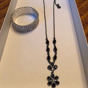 Women’s Black Flower Pendant Necklace and Silver Rhinestone Bracelet
